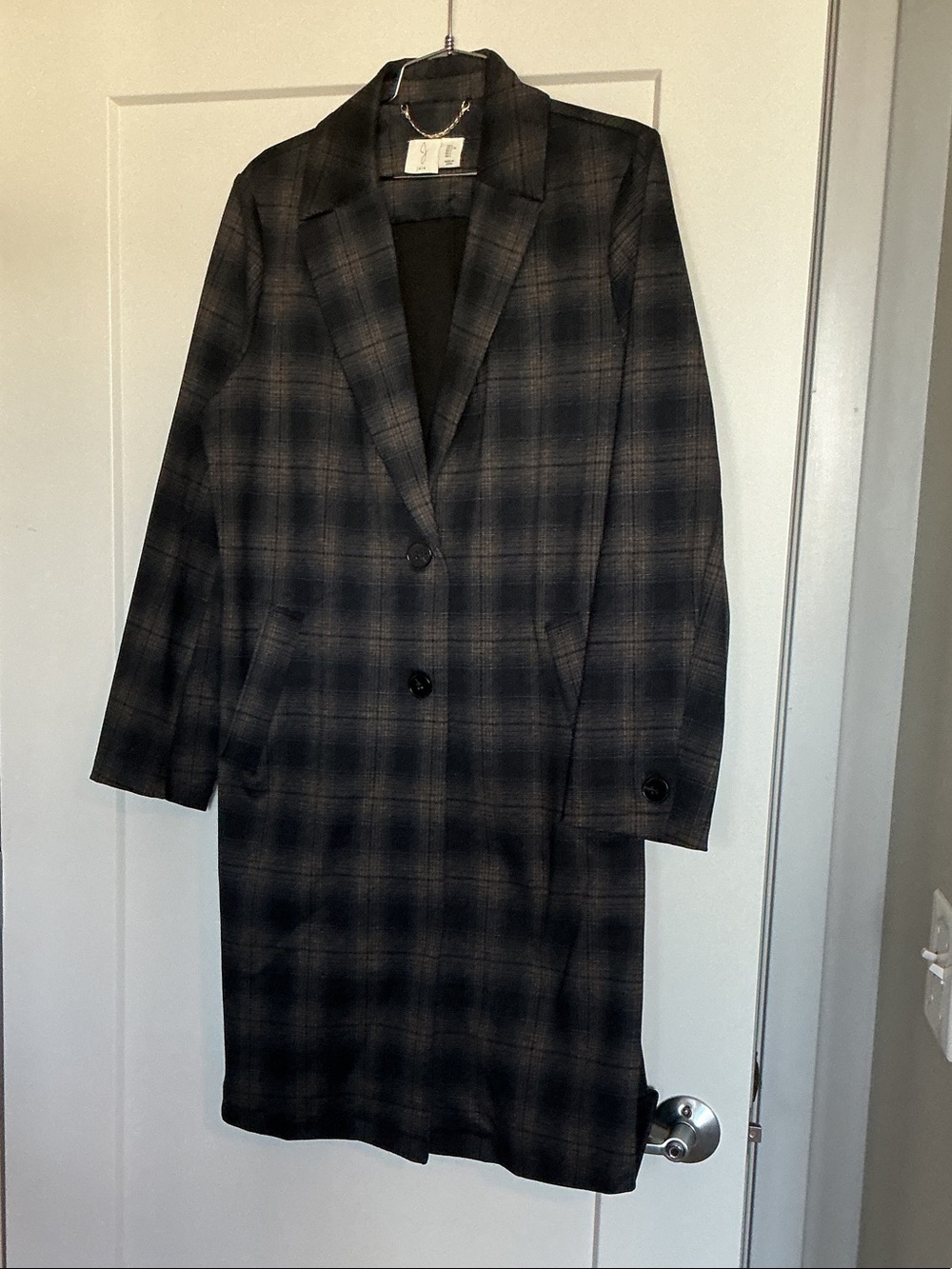 Joie Men's Black and Gray Plaid Pea Coat